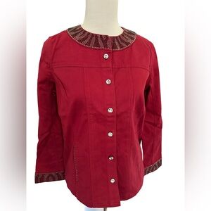 Quacker Factory Red Jean Jacket Rhinestone Accents Animal Print Sz XS QVC New